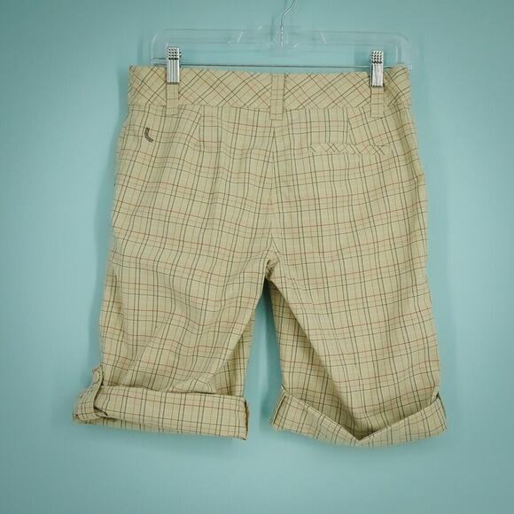 Lole Size 6 Tan Beige Plaid Print Bermuda Cuffed Roll Tab Active Hiking Shorts - Picture 4 of 9